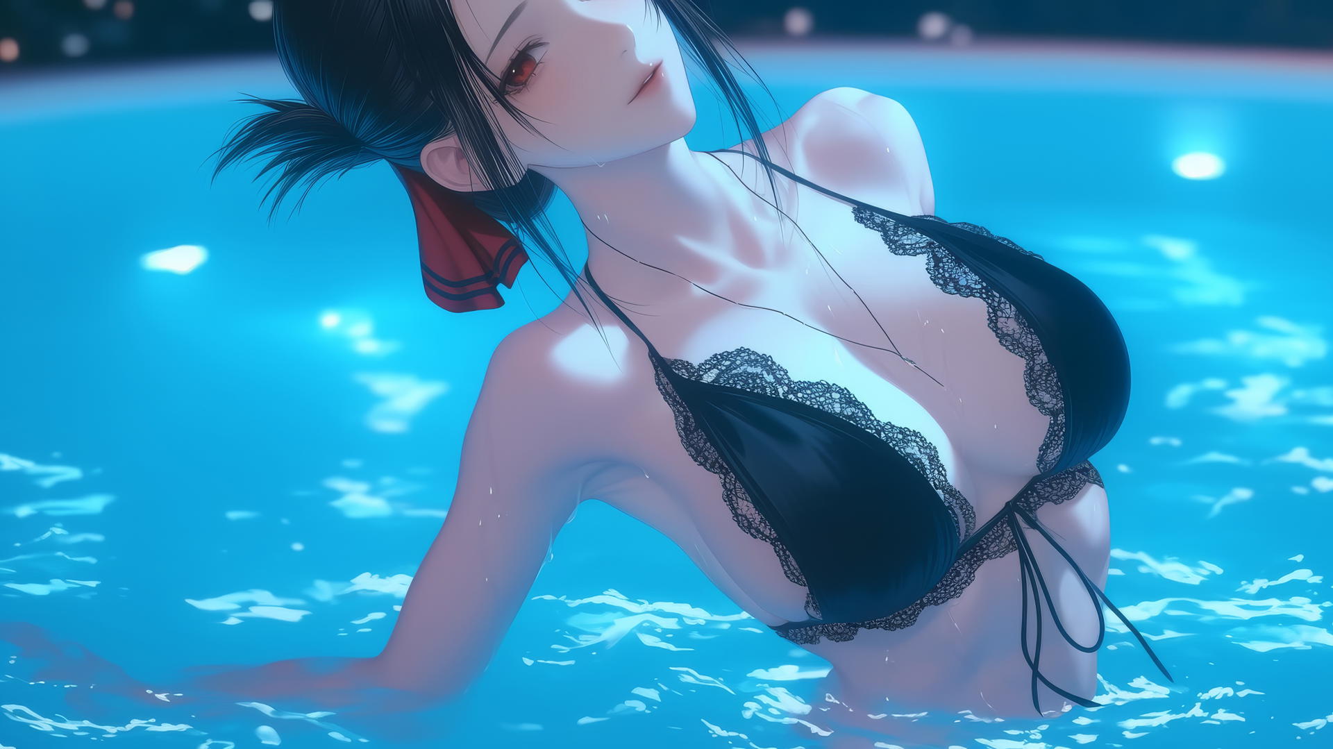 Kaguya Shinomiya with red eyes jumping out of a swimming pool under moonlight.