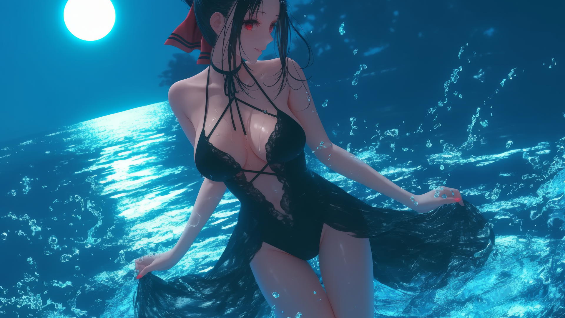 Kaguya Shinomiya from Kaguya-sama: Love is War, red eyes, jumping out of swimming pool under moonlight.