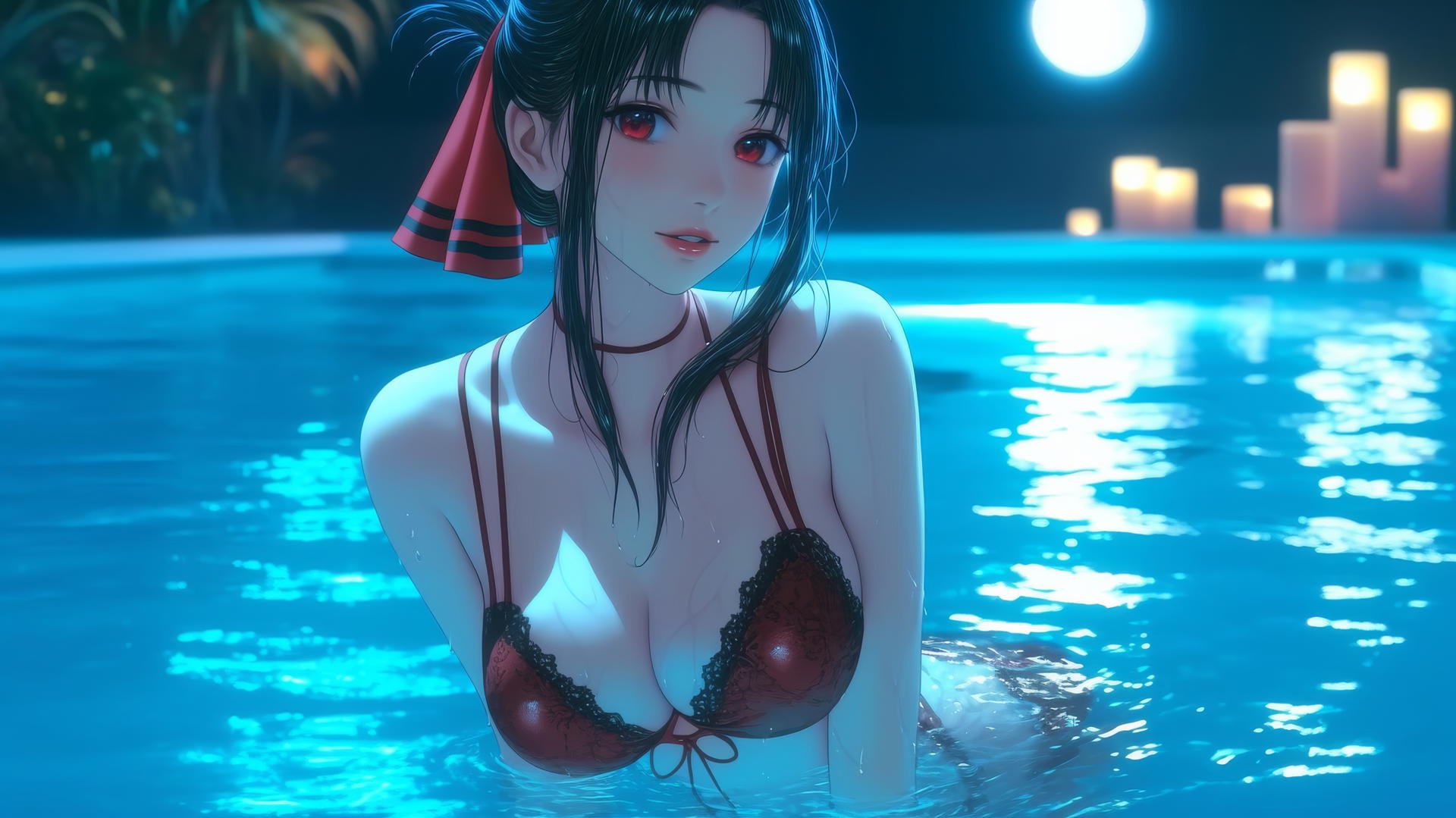 Kaguya Shinomiya with red eyes and wearing red, jumping out of a swimming pool under moonlight.