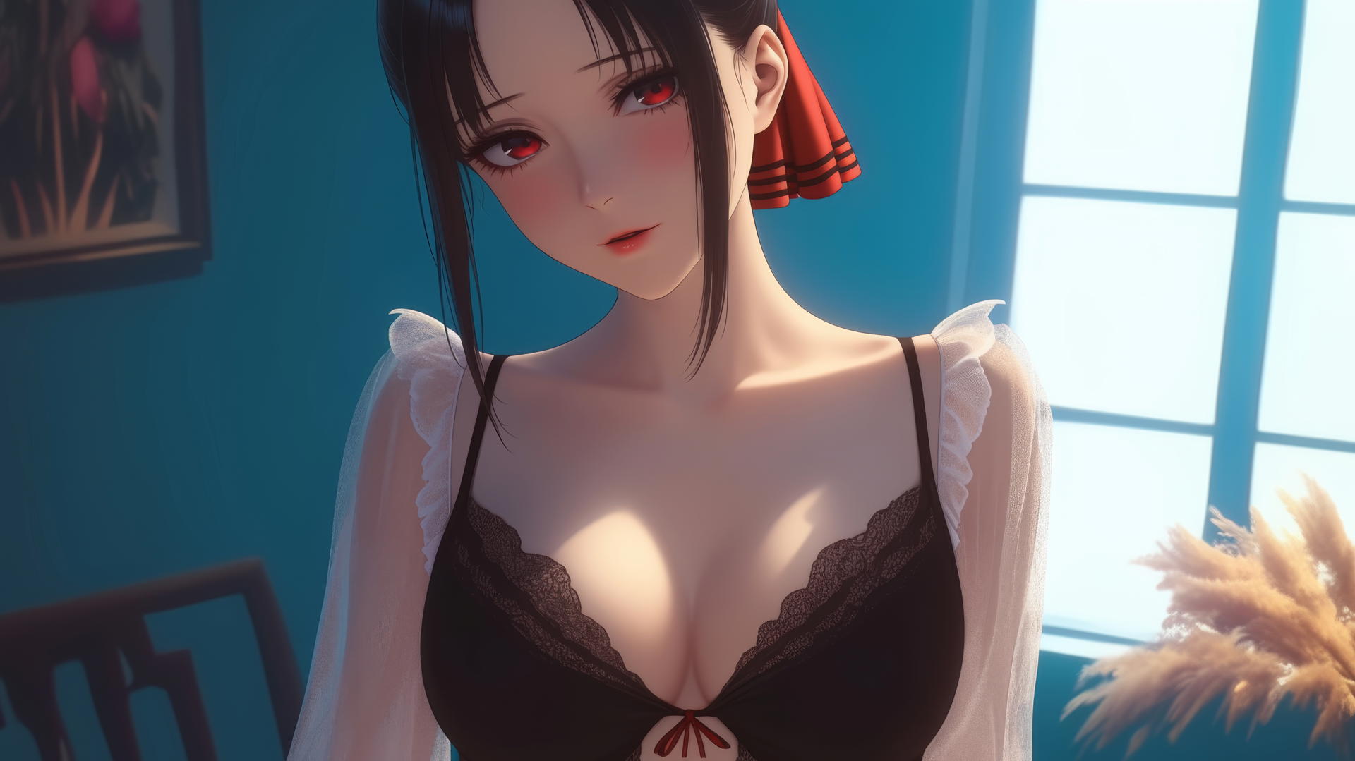 Kaguya Shinomiya with red eyes standing in a modern hotel, neon light glow