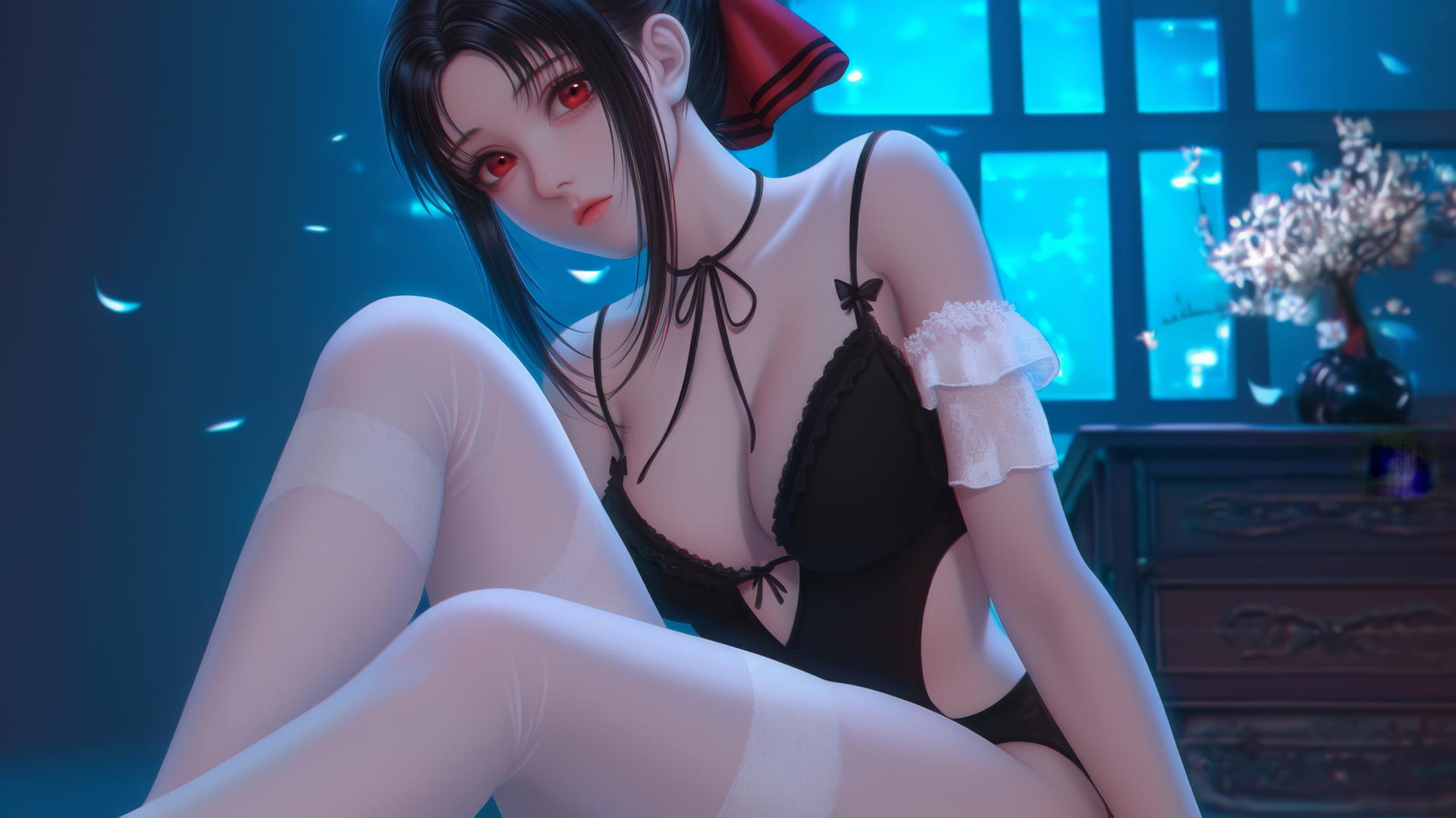 Kaguya Shinomiya kneeling, looking down with red eyes, neon glow from ceiling lights.