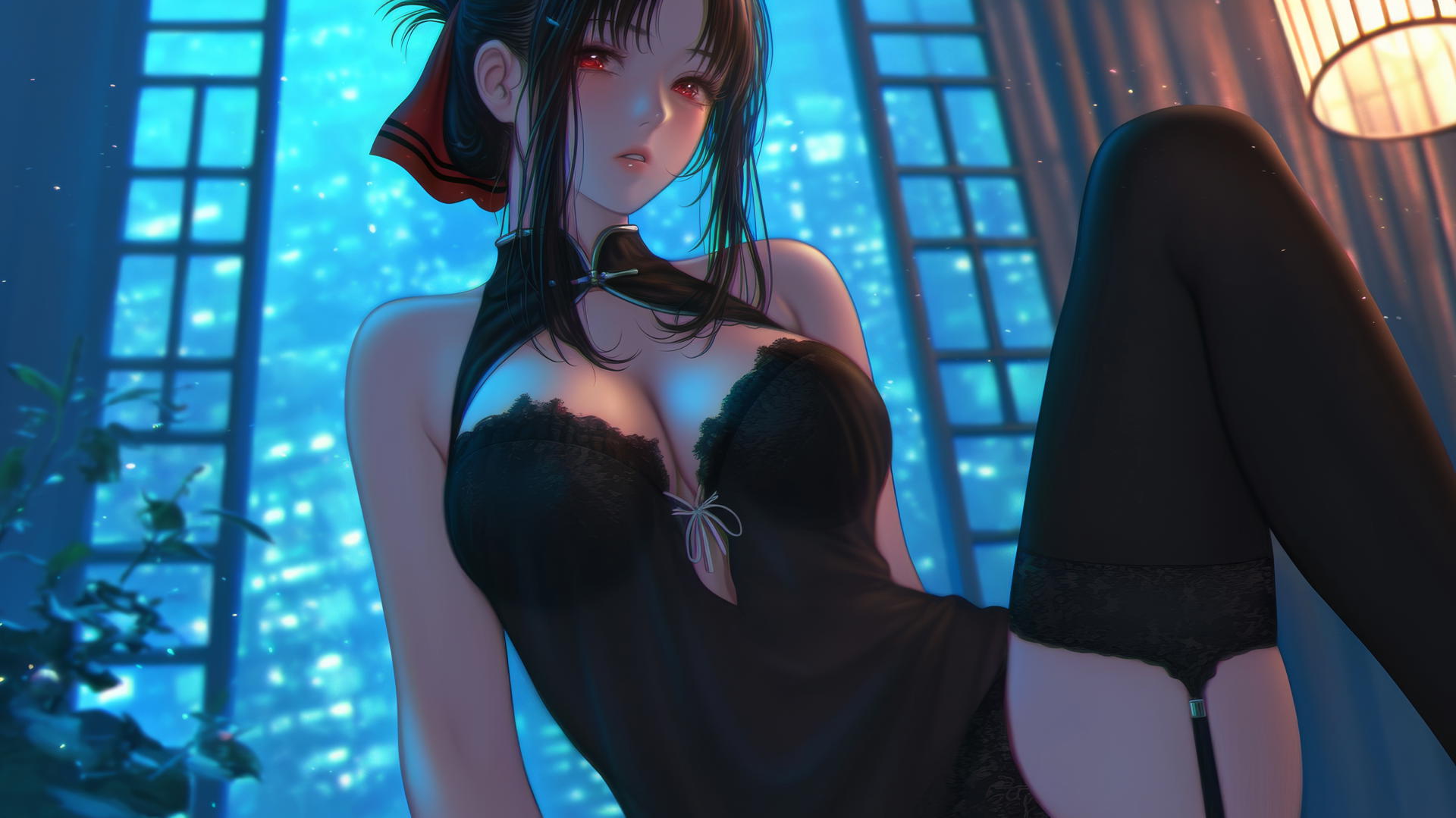 Kaguya Shinomiya kneeling, looking down with red eyes, neon ceiling light glow