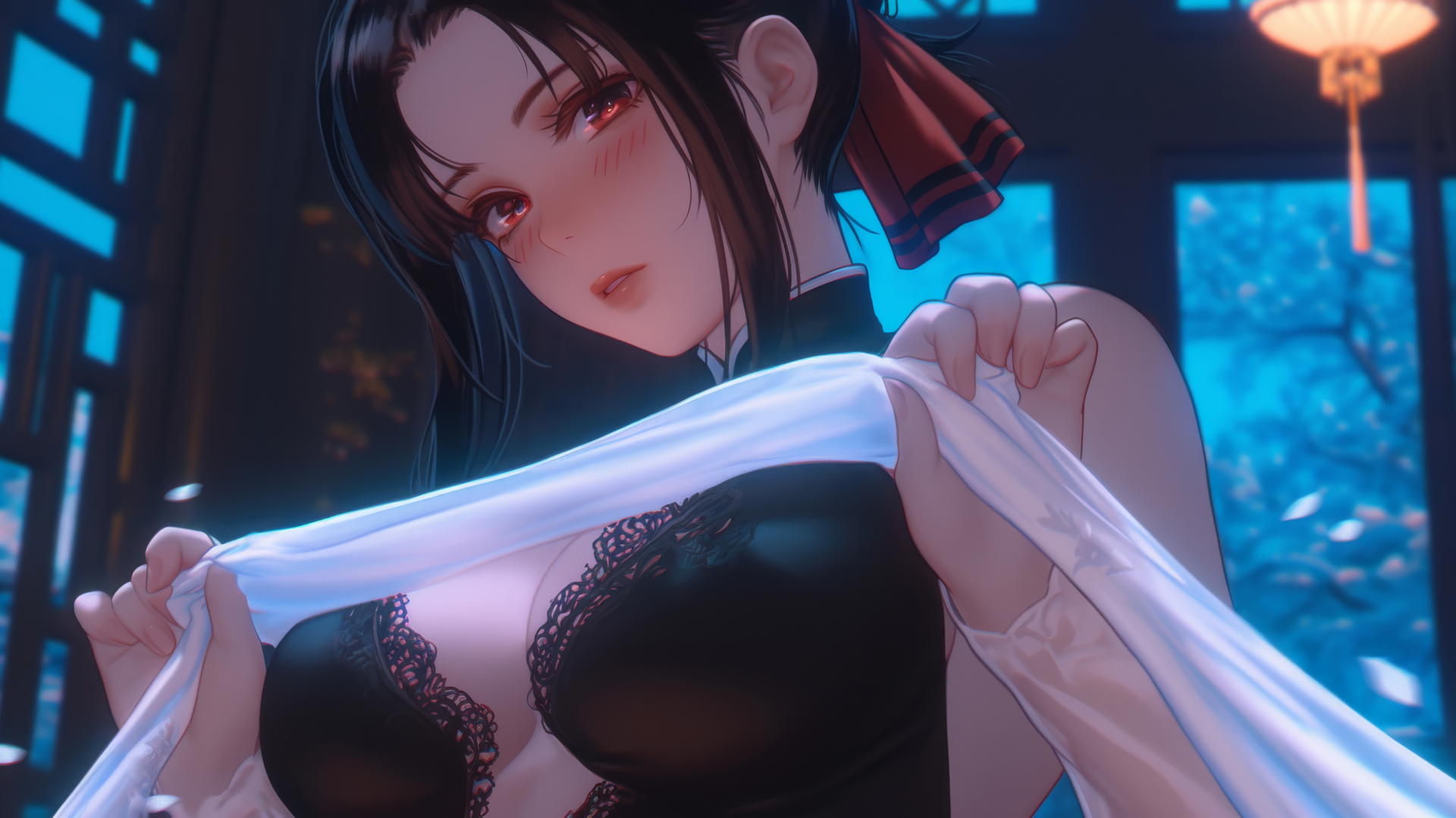 Kaguya Shinomiya kneels, red eyes glowing under neon ceiling lights, staring downward.