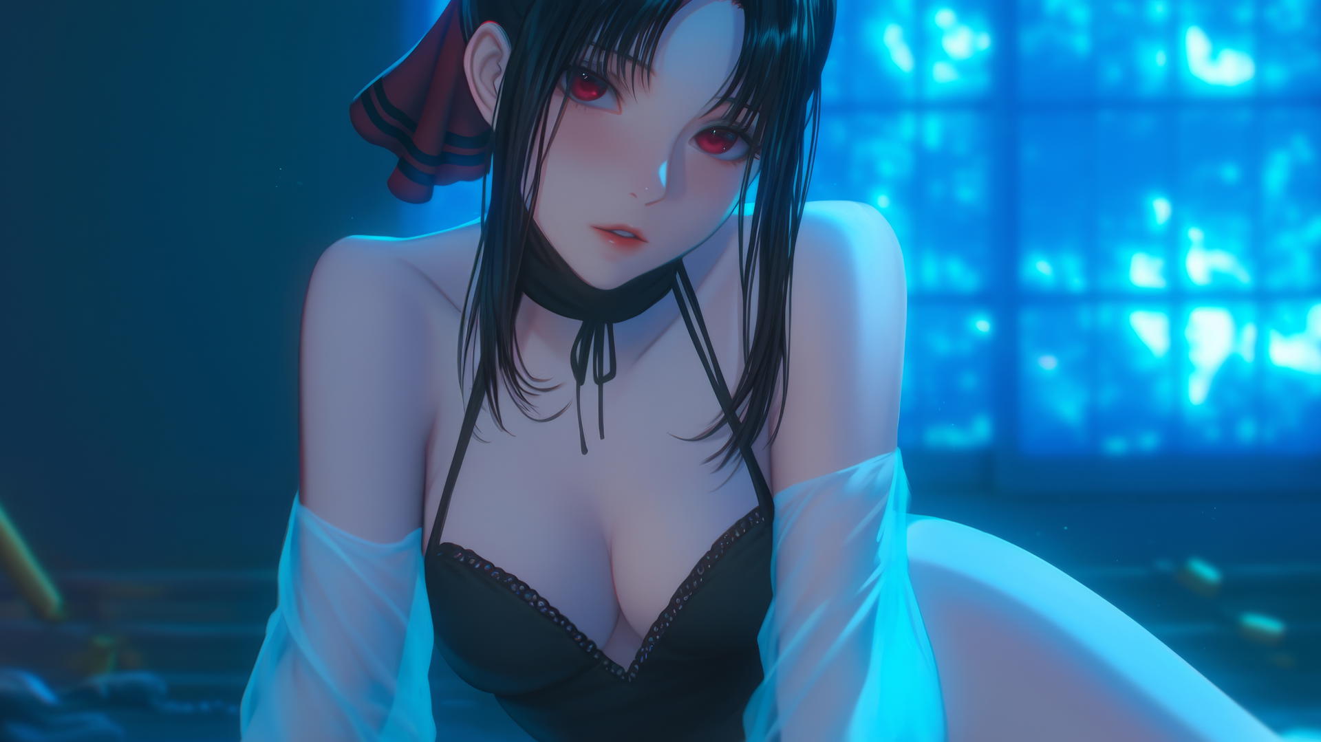 Kaguya Shinomiya with red eyes kneeling under neon lights, looking down