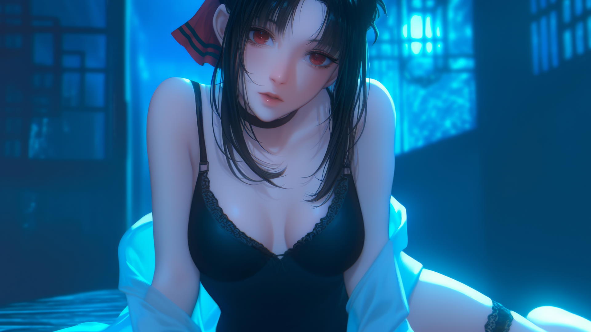 Kaguya Shinomiya with red eyes kneeling, neon-lit soft glow