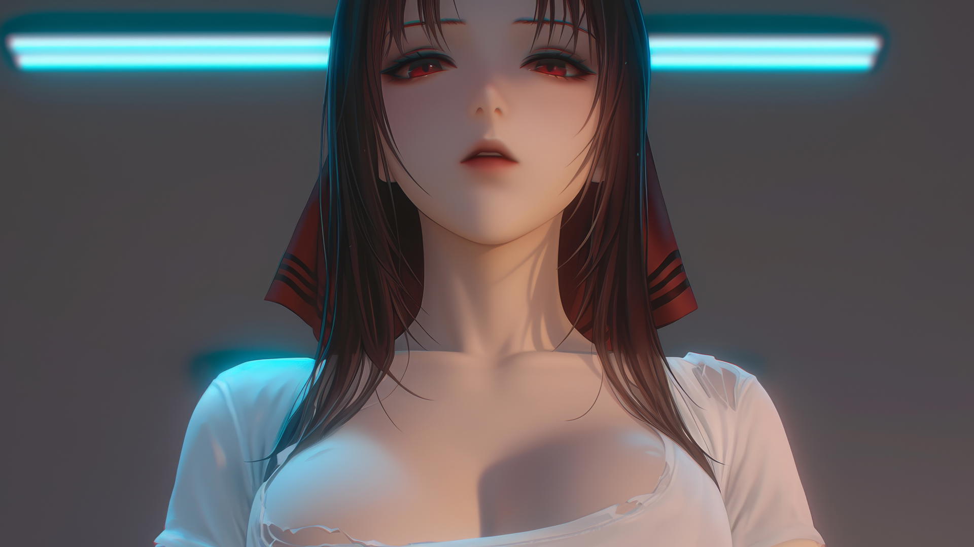 Kaguya Shinomiya kneeling, red eyes, broken white t-shirt, neon ceiling lights.