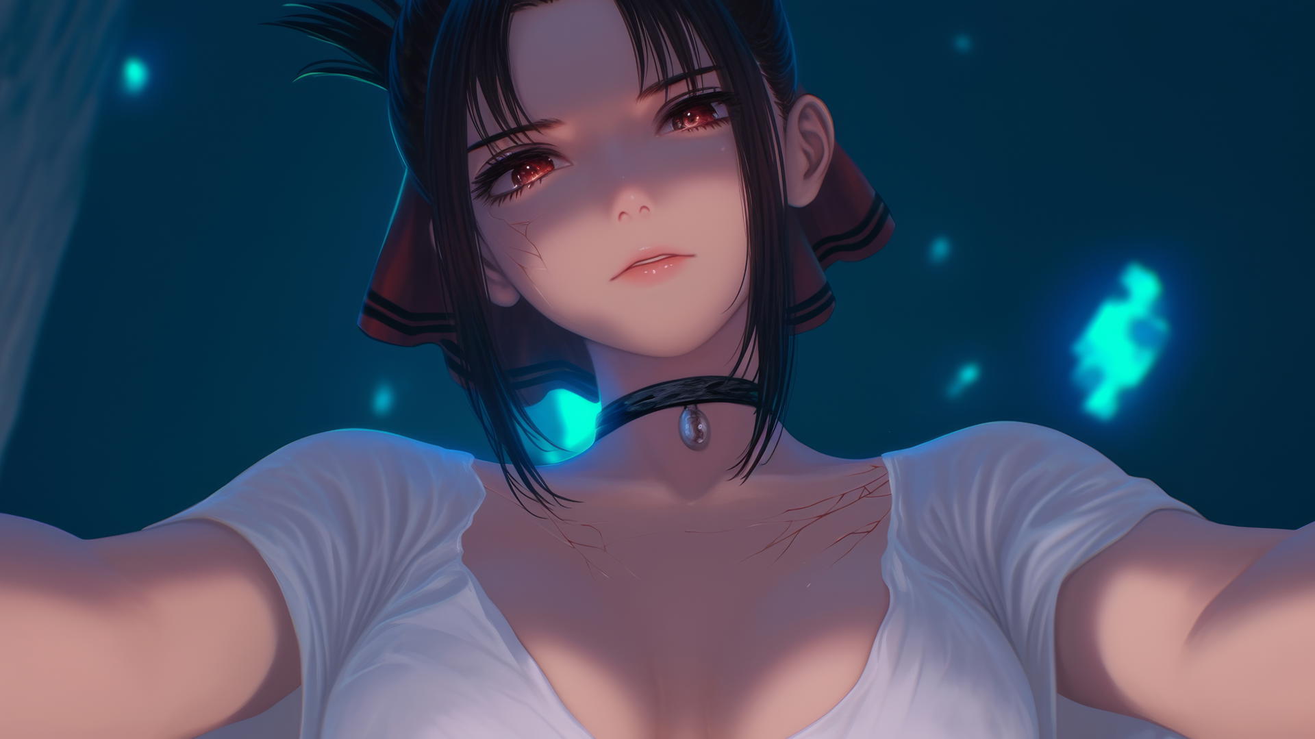 Kaguya Shinomiya kneeling, broken white t-shirt, neon ceiling lights, red eyes