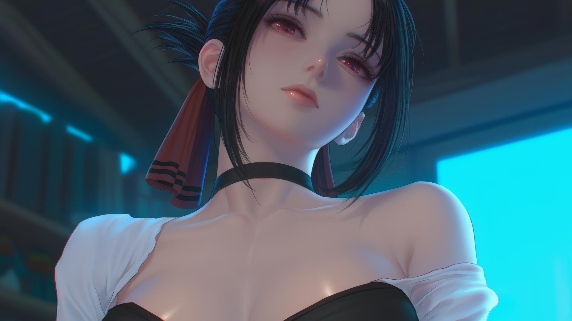 Kaguya Shinomiya kneeling, wearing a broken white T-shirt, neon-lit.