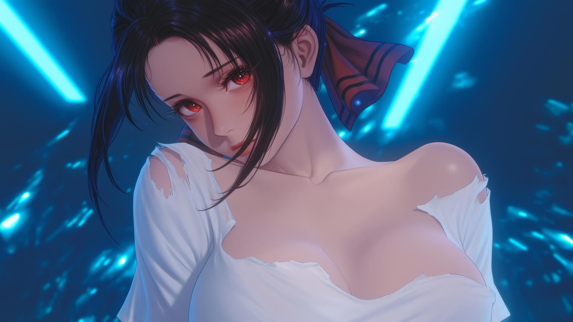 Kaguya Shinomiya kneeling, red eyes, broken white shirt, neon ceiling lights