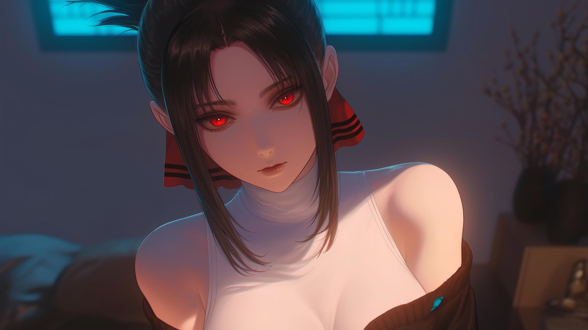 Kaguya Shinomiya kneeling with red eyes in broken sweater, neon ceiling light glow