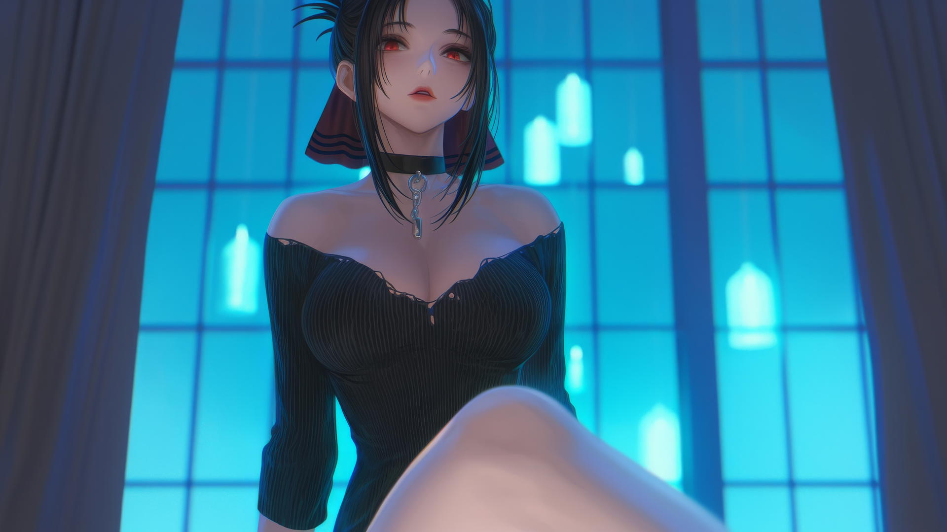 Kaguya Shinomiya kneeling, red eyes, broken sweater, neon ceiling lights glow