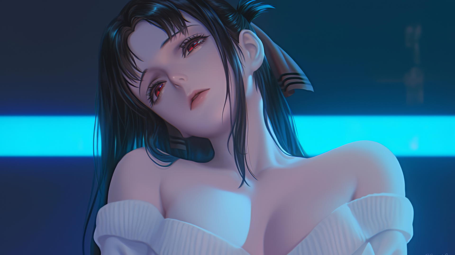 Kaguya Shinomiya kneeling in broken knitted sweater with red eyes, neon light glow.