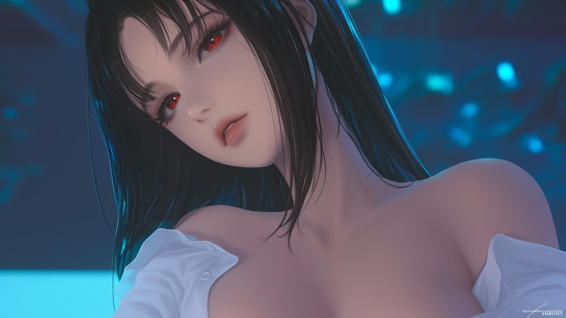 Kaguya Shinomiya kneeling, worn-out office shirt, red eyes, neon-lit, Christmas setting