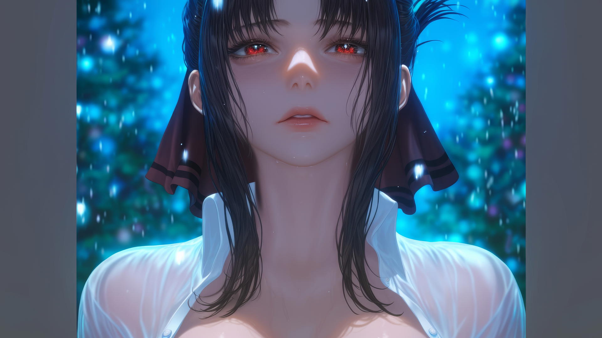 Kaguya Shinomiya in a worn-out office shirt, kneeling, with red eyes looking down, illuminated by neon light.