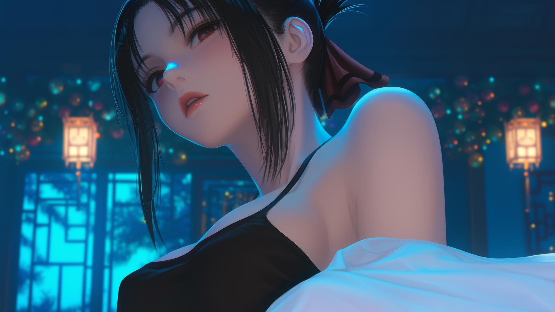 Kaguya Shinomiya kneeling, worn-out t-shirt, red eyes, neon Christmas lights