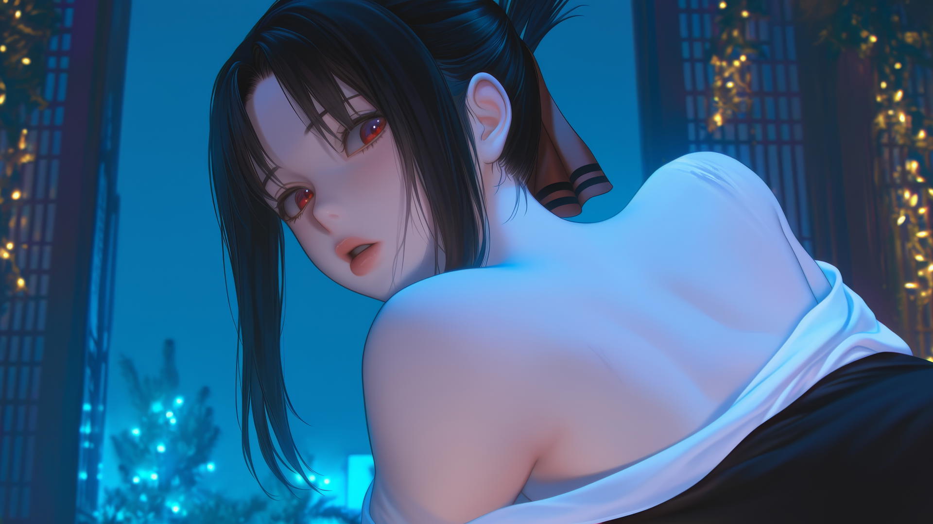 Kaguya Shinomiya kneeling, looking down, worn-out t-shirt, neon light glow