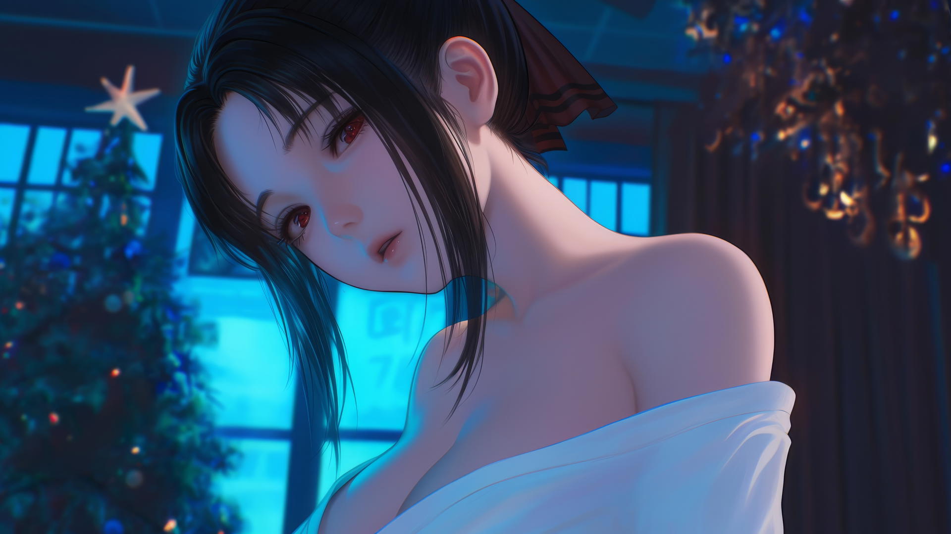 Kaguya Shinomiya in a worn-out T-shirt, kneeling under neon ceiling lights.