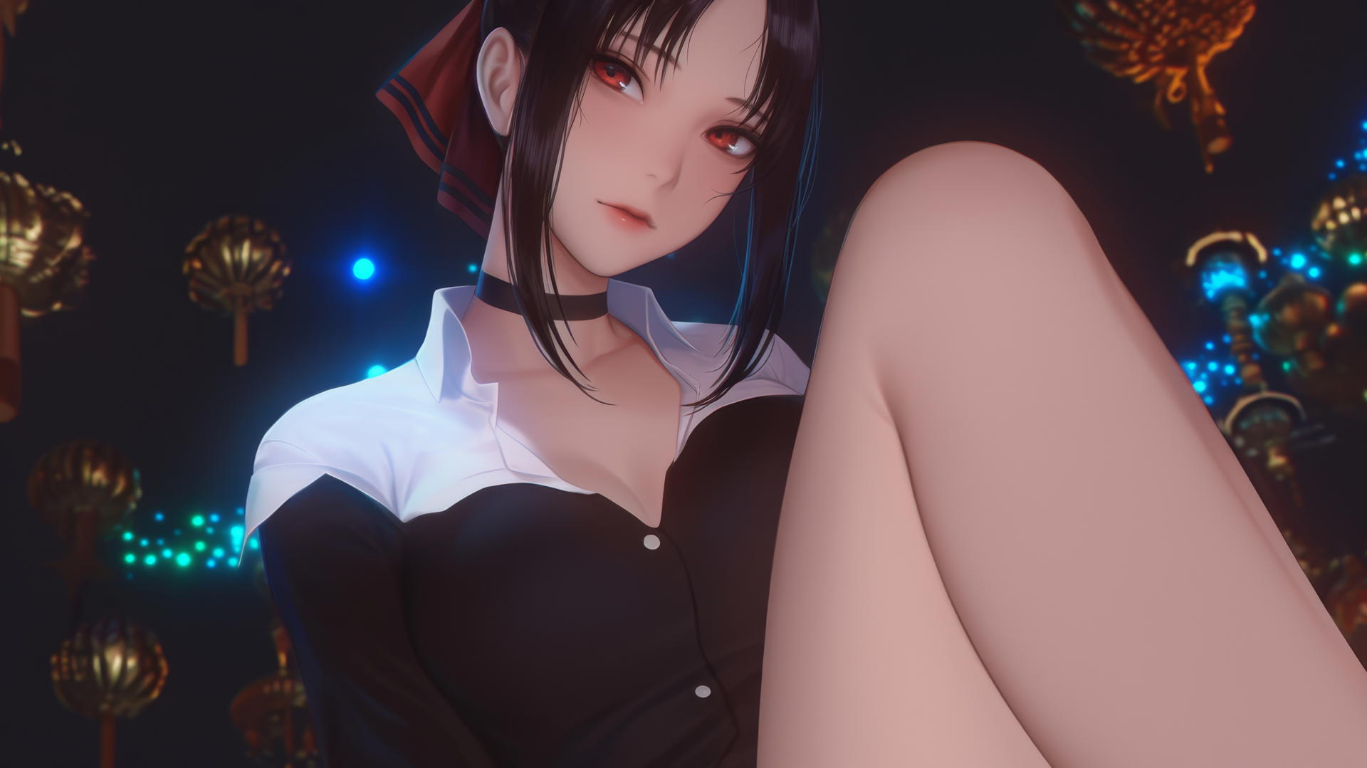 Kaguya Shinomiya with red eyes in a worn-out office shirt, kneeling, neon glow from ceiling lights.