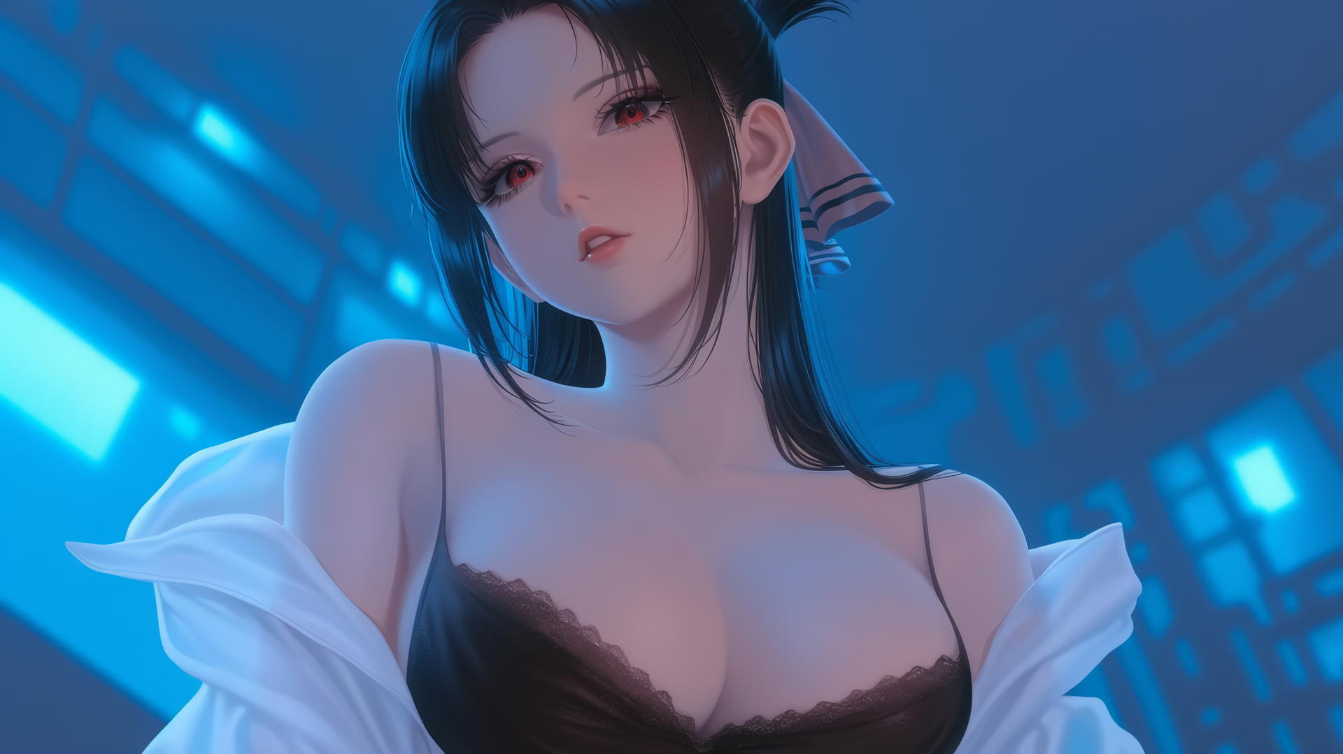 Kaguya Shinomiya kneeling, worn-out white shirt, red and neon light glow