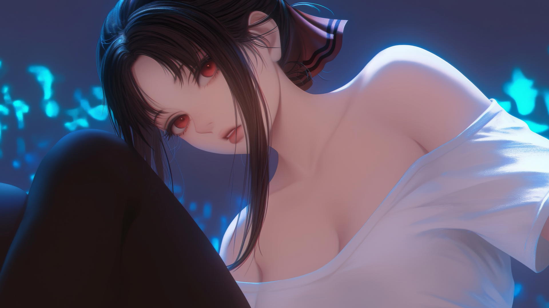 Kaguya Shinomiya kneeling and looking down with red eyes, broken t-shirt, warm and neon light.