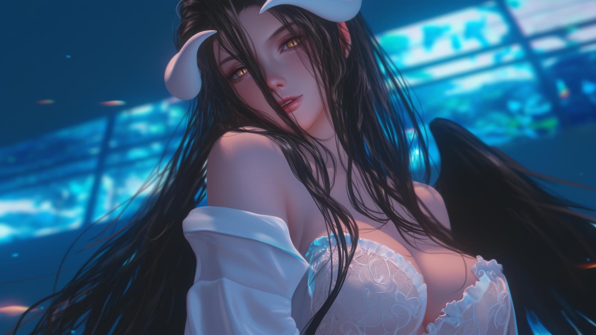 Albedo from Overlord kneeling, looking down, wearing white office shirt, neon light glow