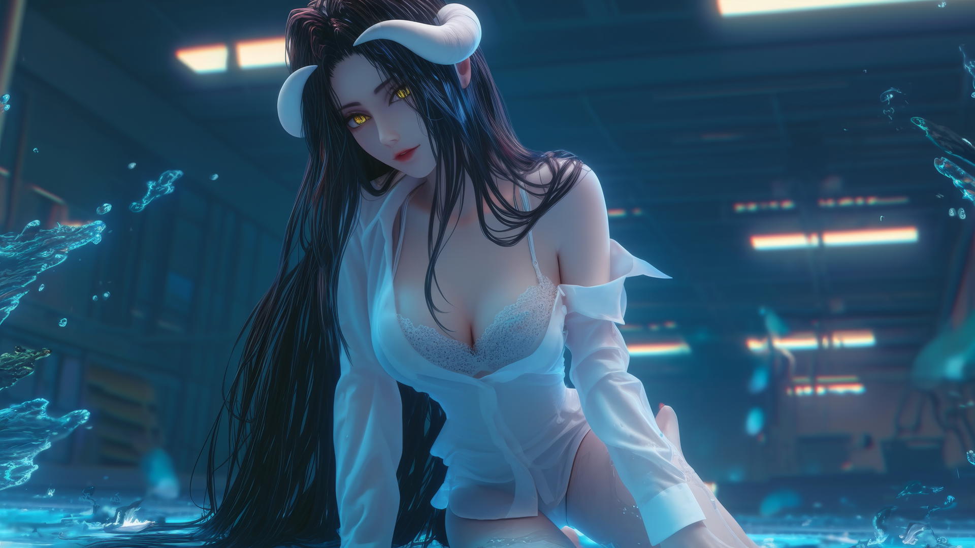 Albedo from Overlord kneeling and looking down, wearing a white office shirt, neon-lit.
