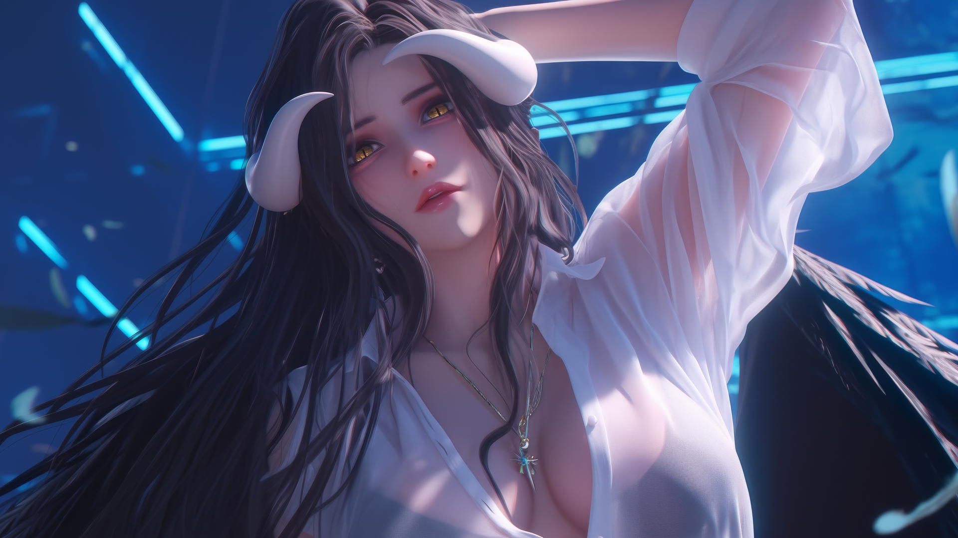 Albedo from Overlord kneeling, looking down, in a white office shirt with neon ceiling lights
