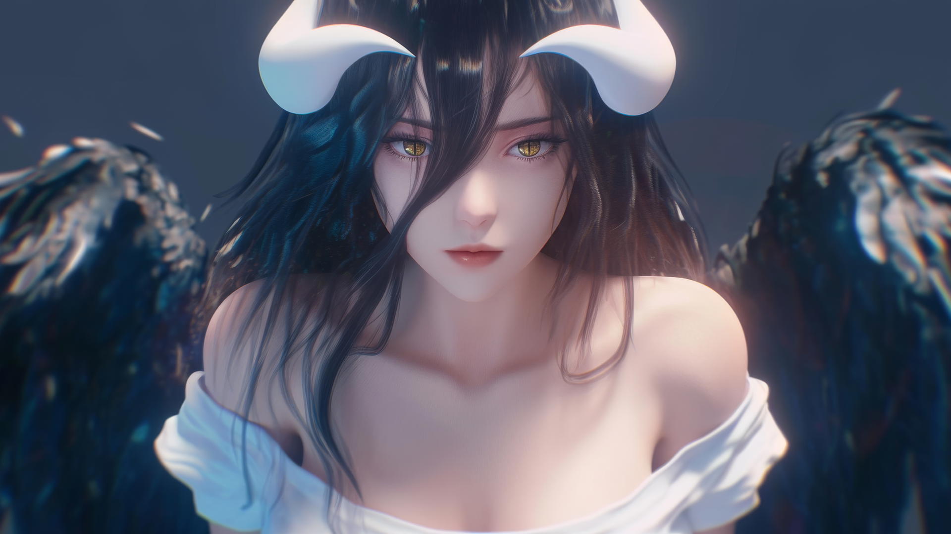 Albedo from Overlord in a white T-shirt kneeling under neon ceiling lights, looking down