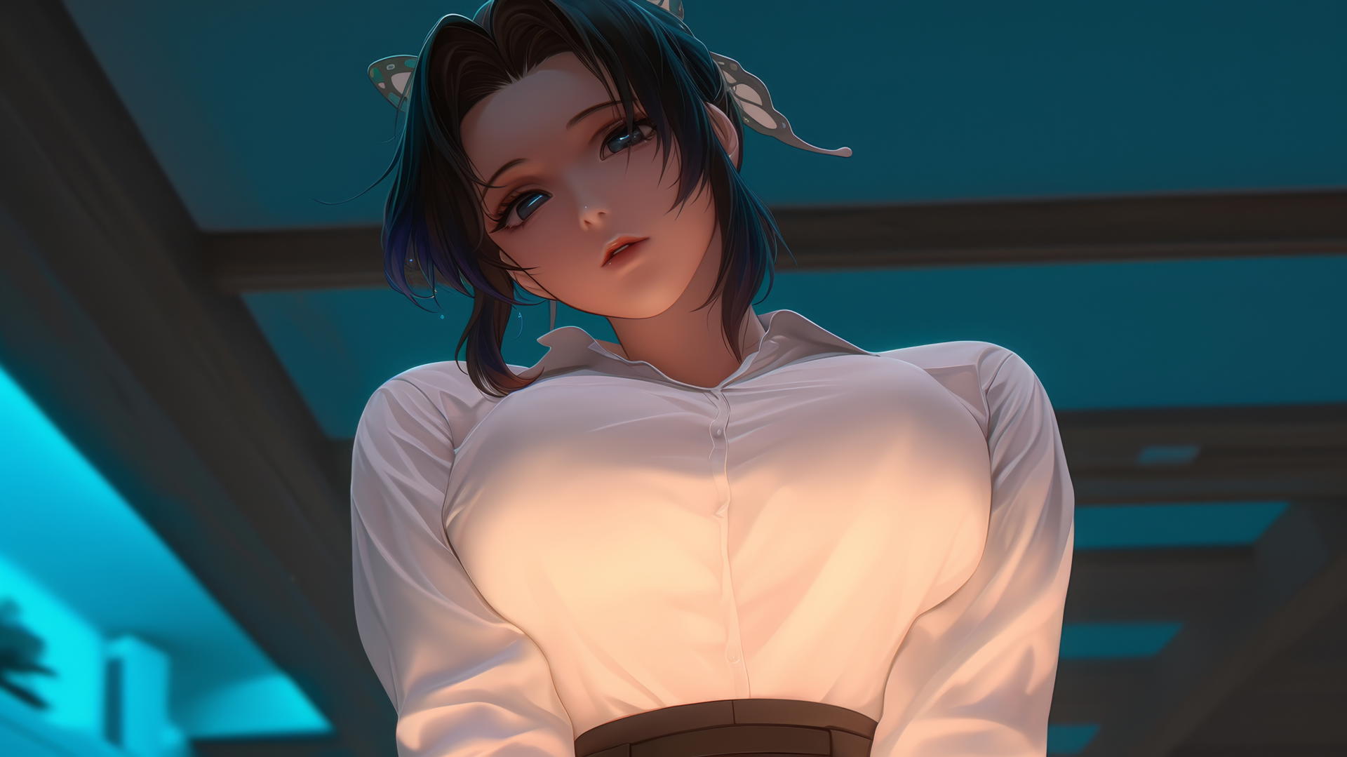 Shinobu Kocho from Demon Slayer in a broken white office shirt kneeling with a glowing hotel ceiling in the background.