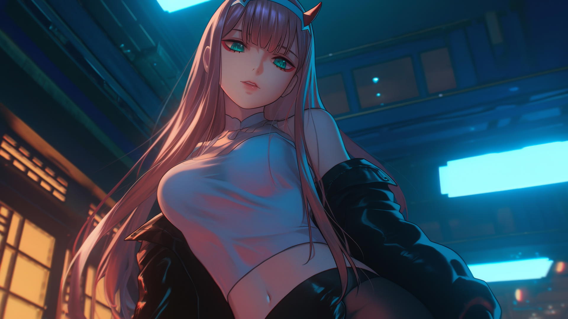 Zero Two from DARLING in the FRANXX seen from below, pink hair, hotel ceiling background