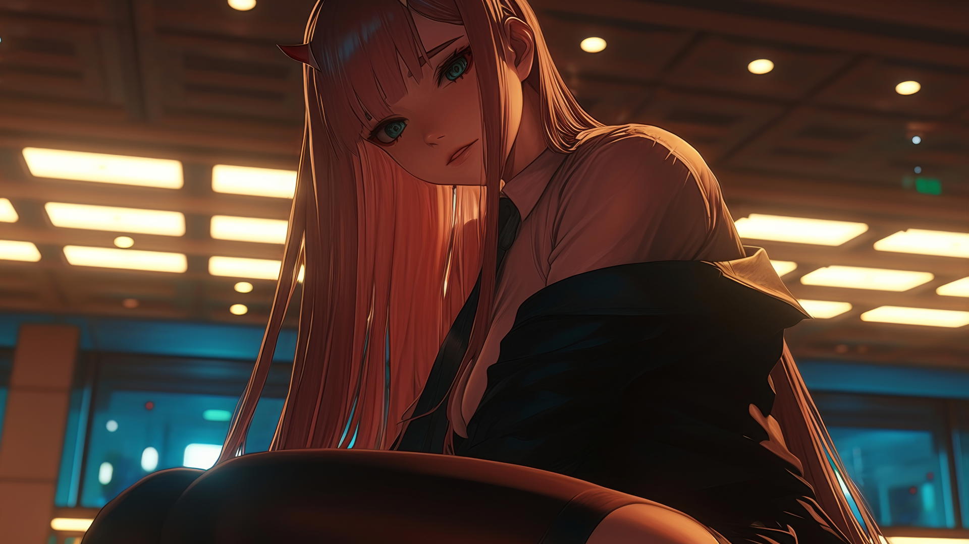 Zero Two from DARLING in the FRANXX with long pink hair, seen from below, against a hotel ceiling with neon lights.