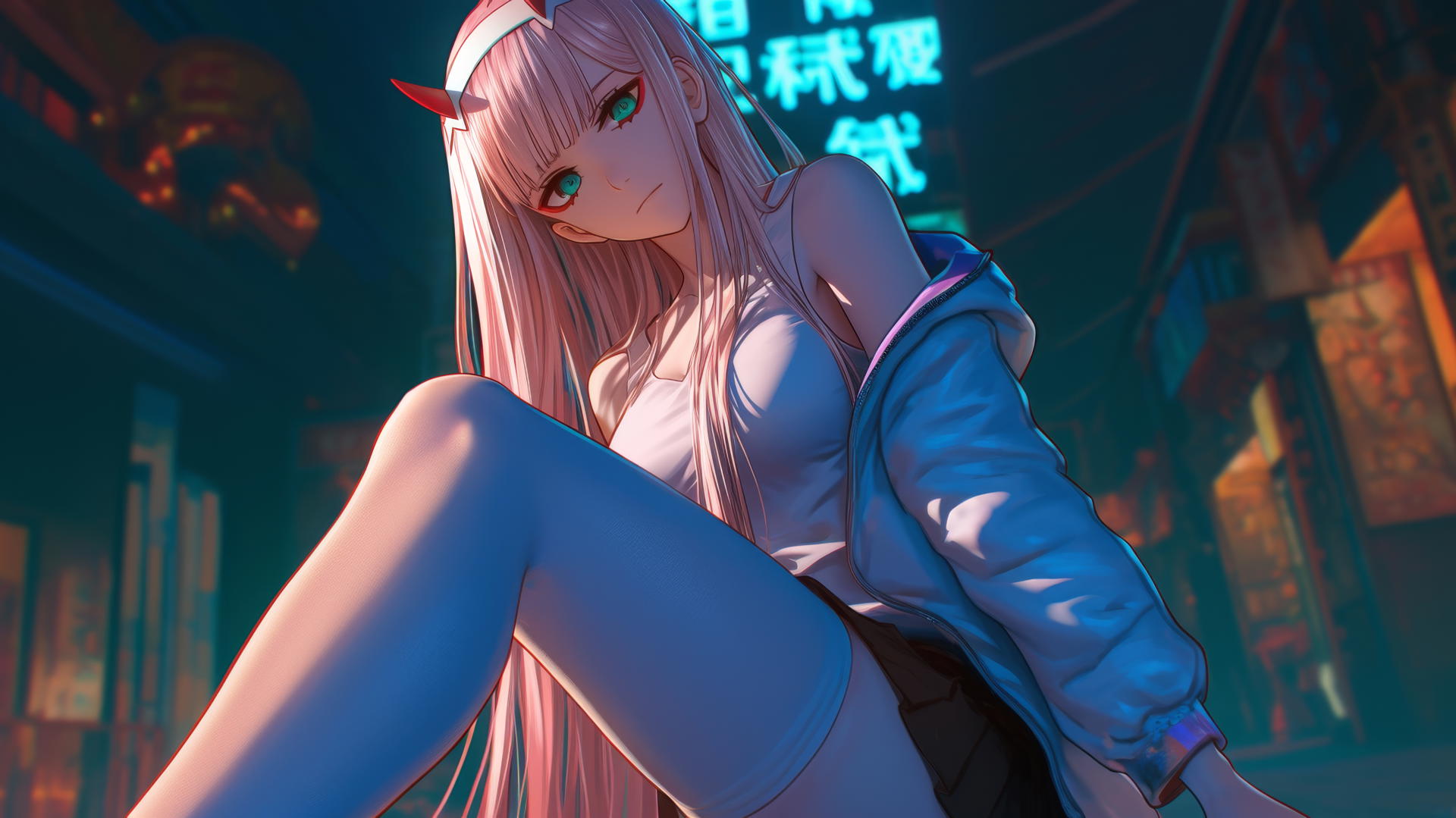 Zero Two from DARLING in the FRANXX with pink hair, leaning, warm hotel ceiling light