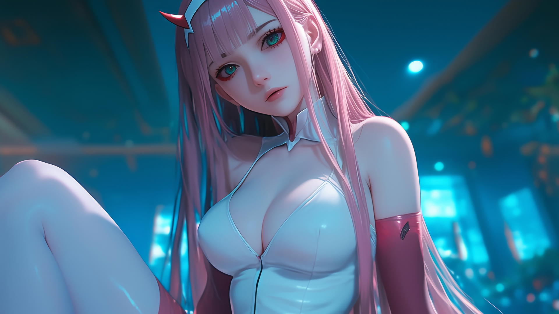 Zero Two from DARLING in the FRANXX with pink hair, hotel ceiling background