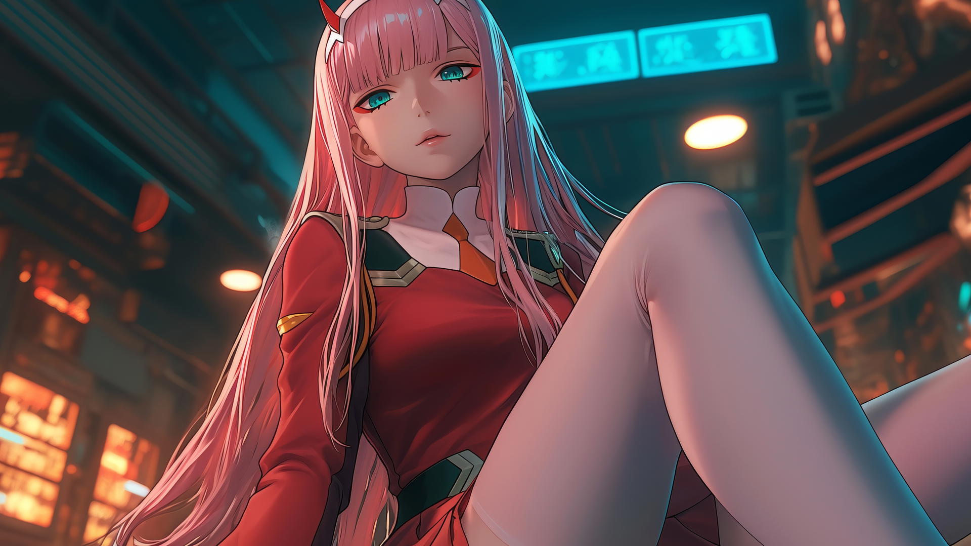 Zero Two from DARLING in the FRANXX seen from below, leaning forward with long pink hair in neon-lit hotel ceiling background.