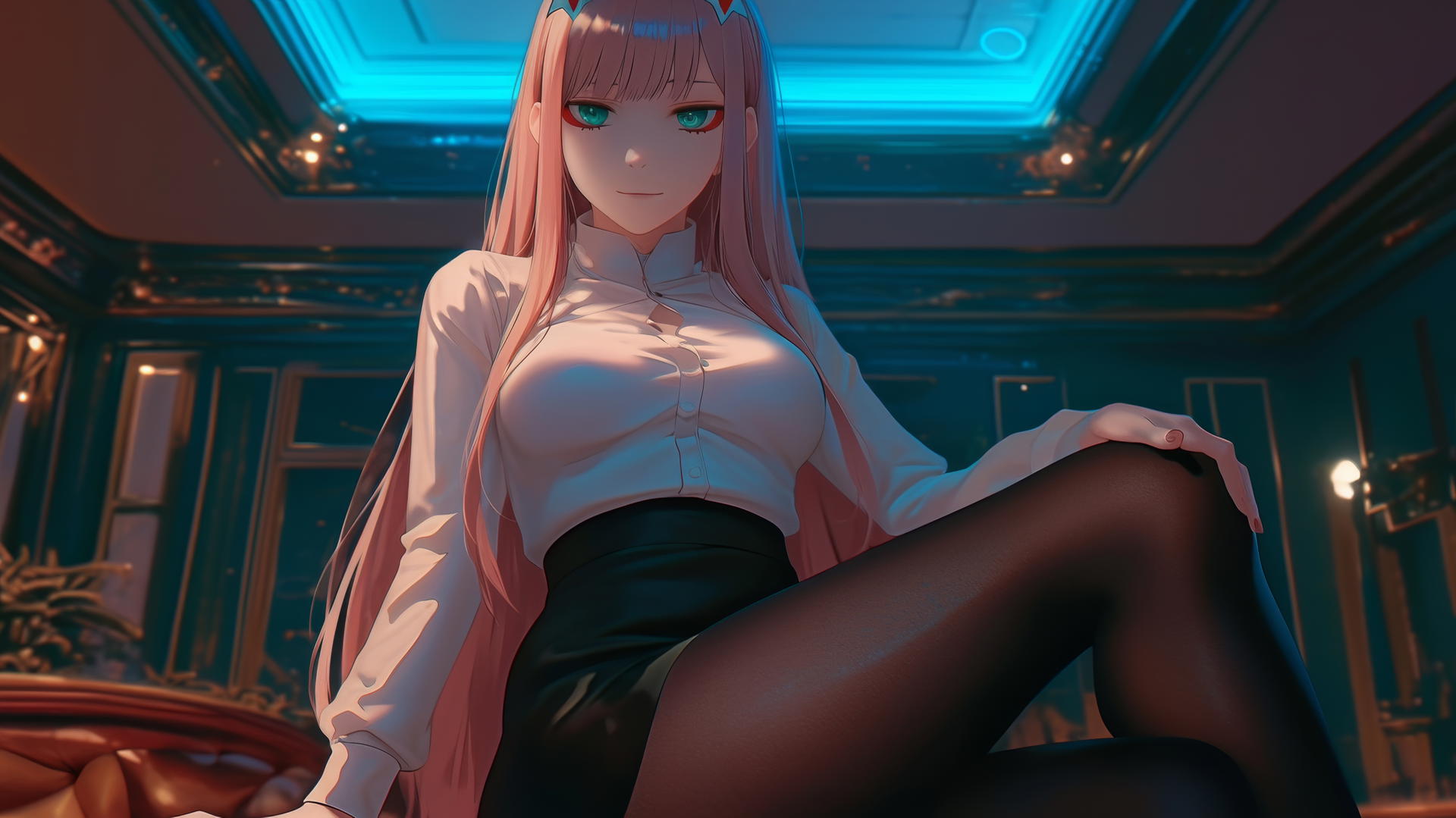 Zero Two from DARLING in the FRANXX, pink hair, hotel ceiling background, soft neon and warm lighting