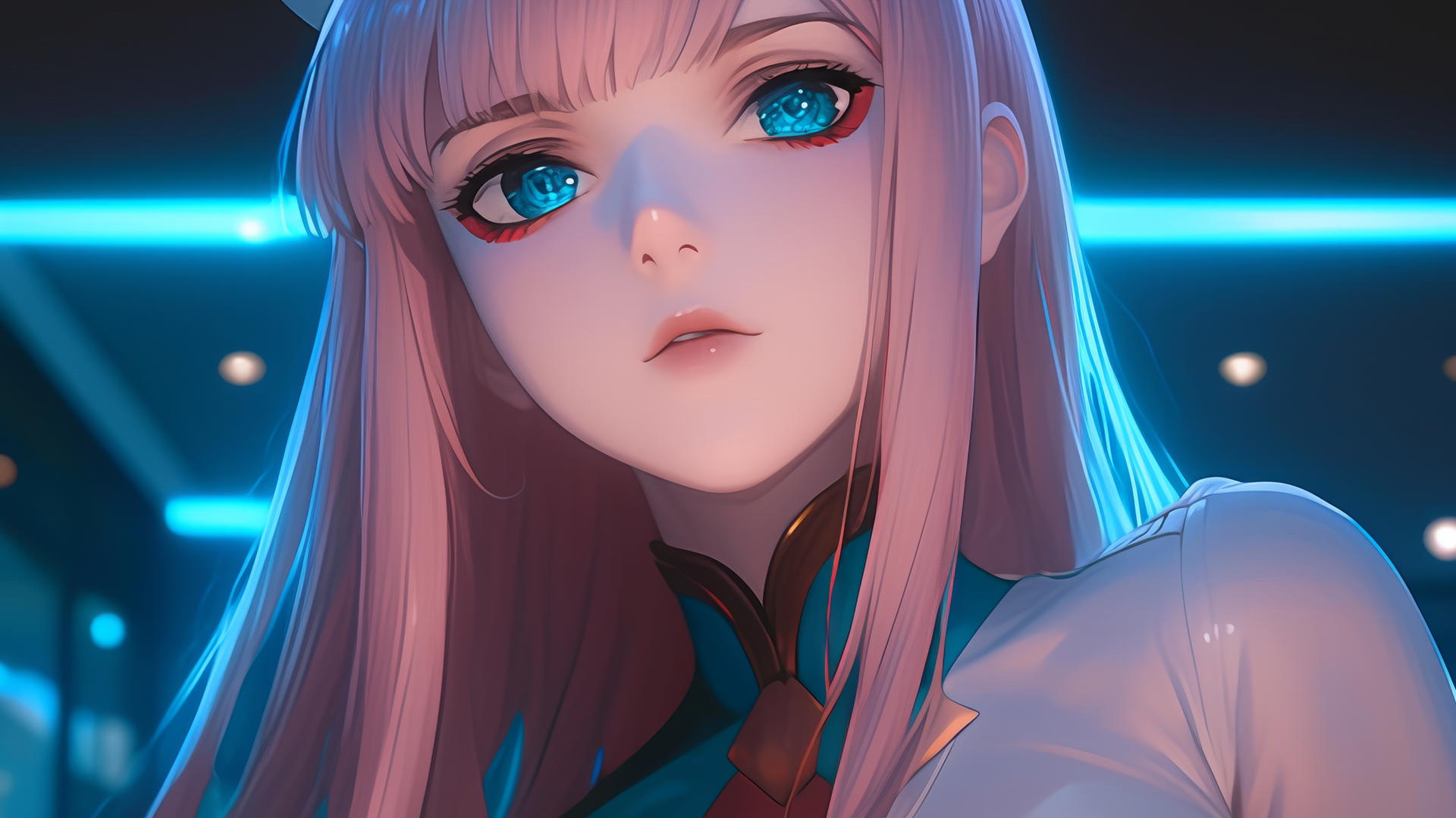 Zero Two from DARLING in the FRANXX kneeling, looking down, in a hotel with neon and warm lights.