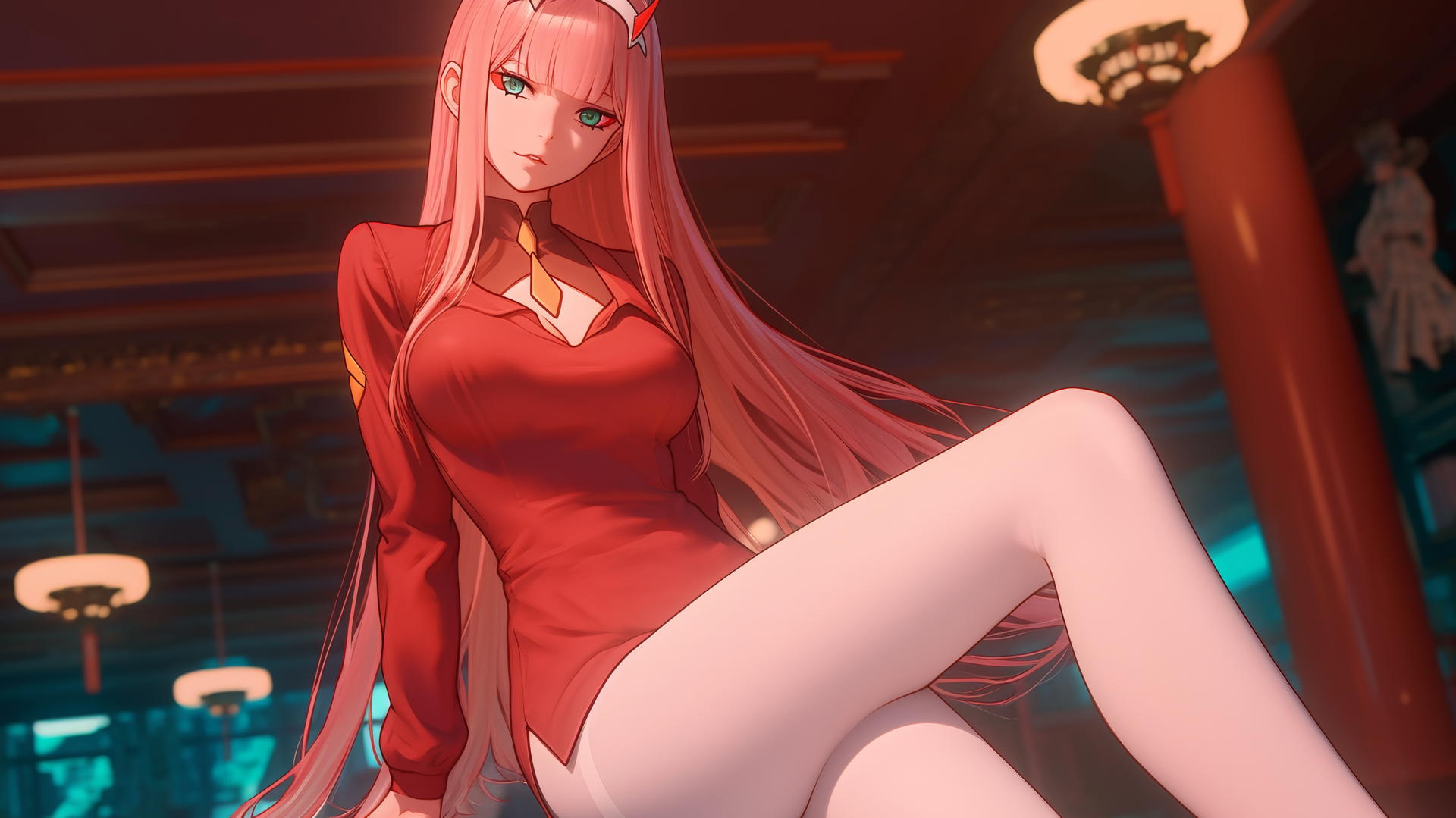 Zero Two from DARLING in the FRANXX, seen from below, leaning, with neon-lit hotel ceiling