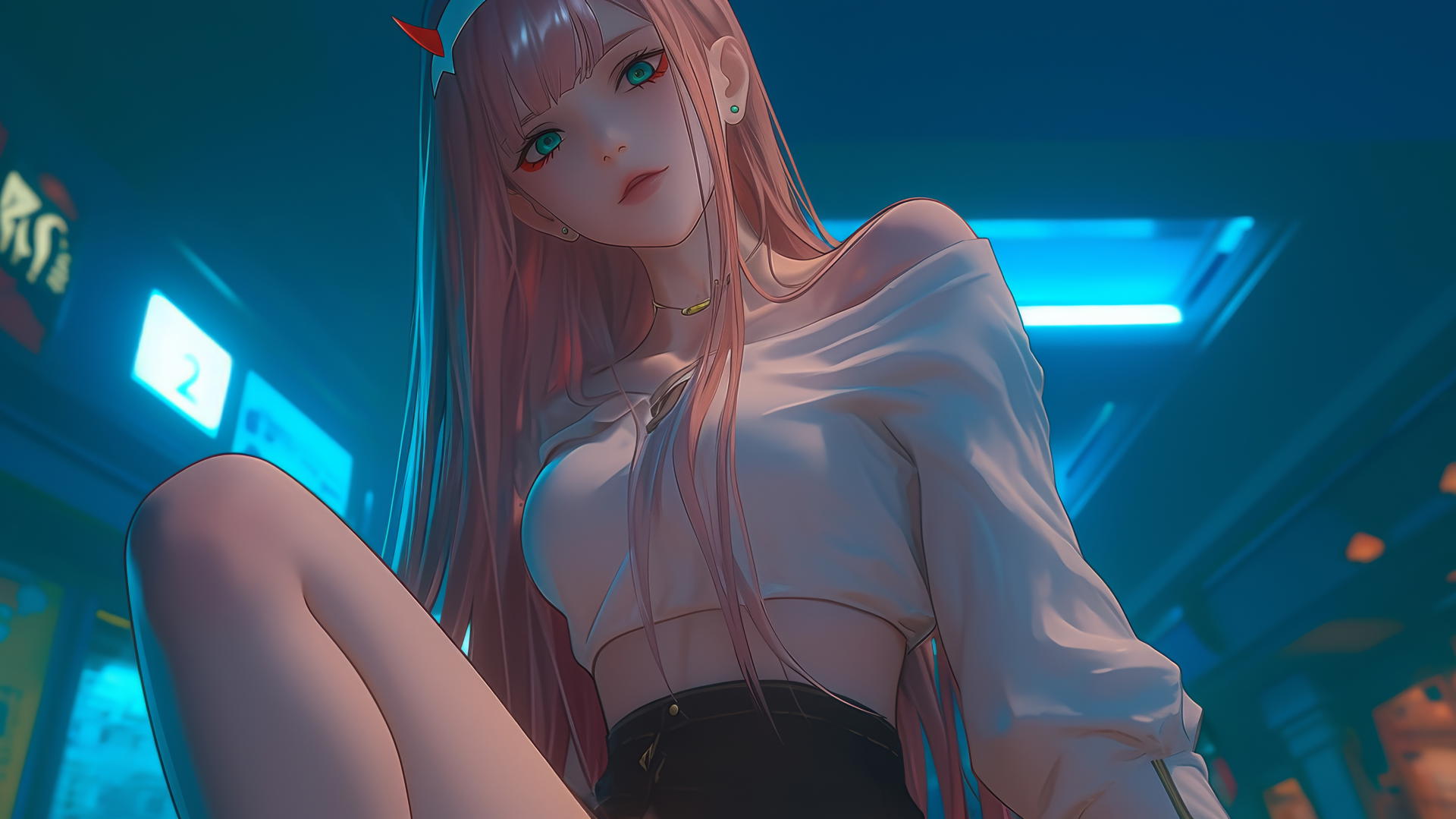 Zero Two from DARLING in the FRANXX kneeling, seen from below, with a hotel ceiling background.