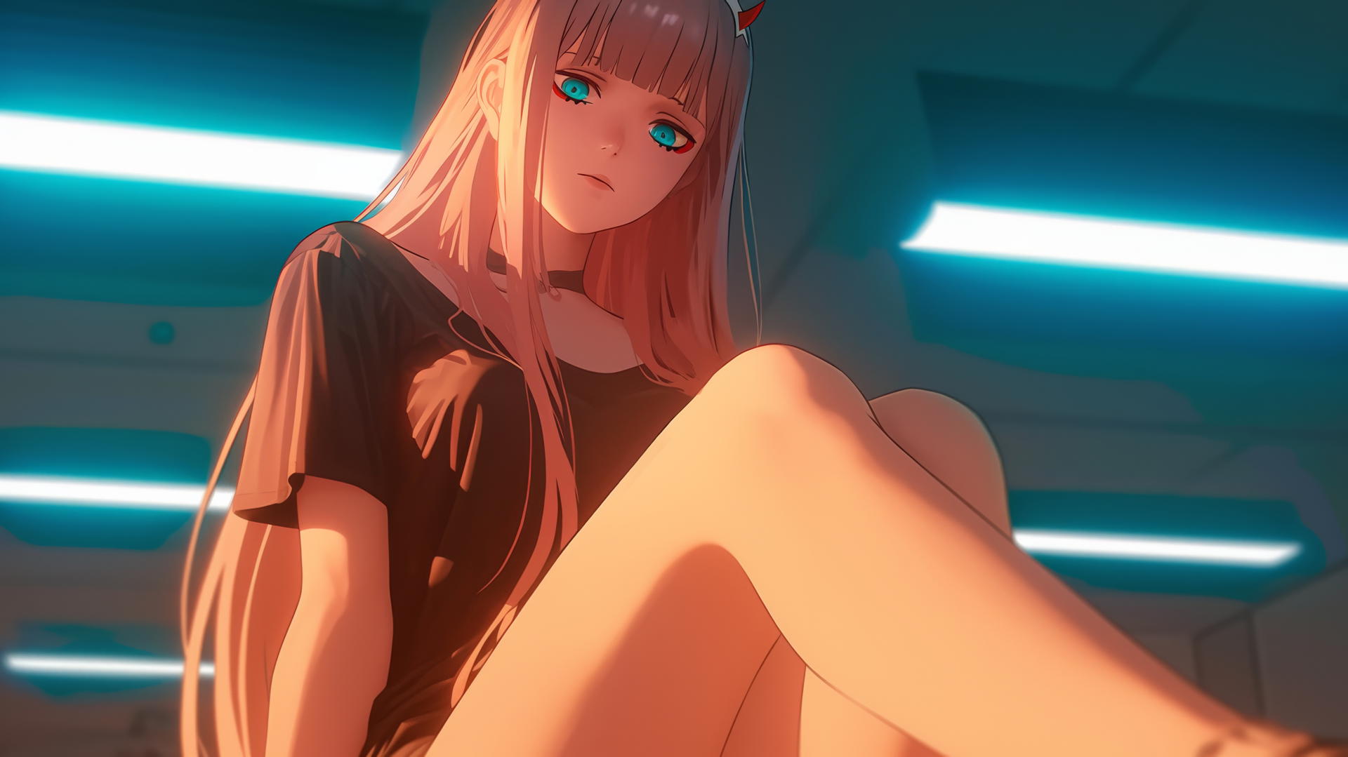 Zero Two from DARLING in the FRANXX with long pink hair, seen from below, leaning and kneeling, soft warm and neon light from the ceiling.