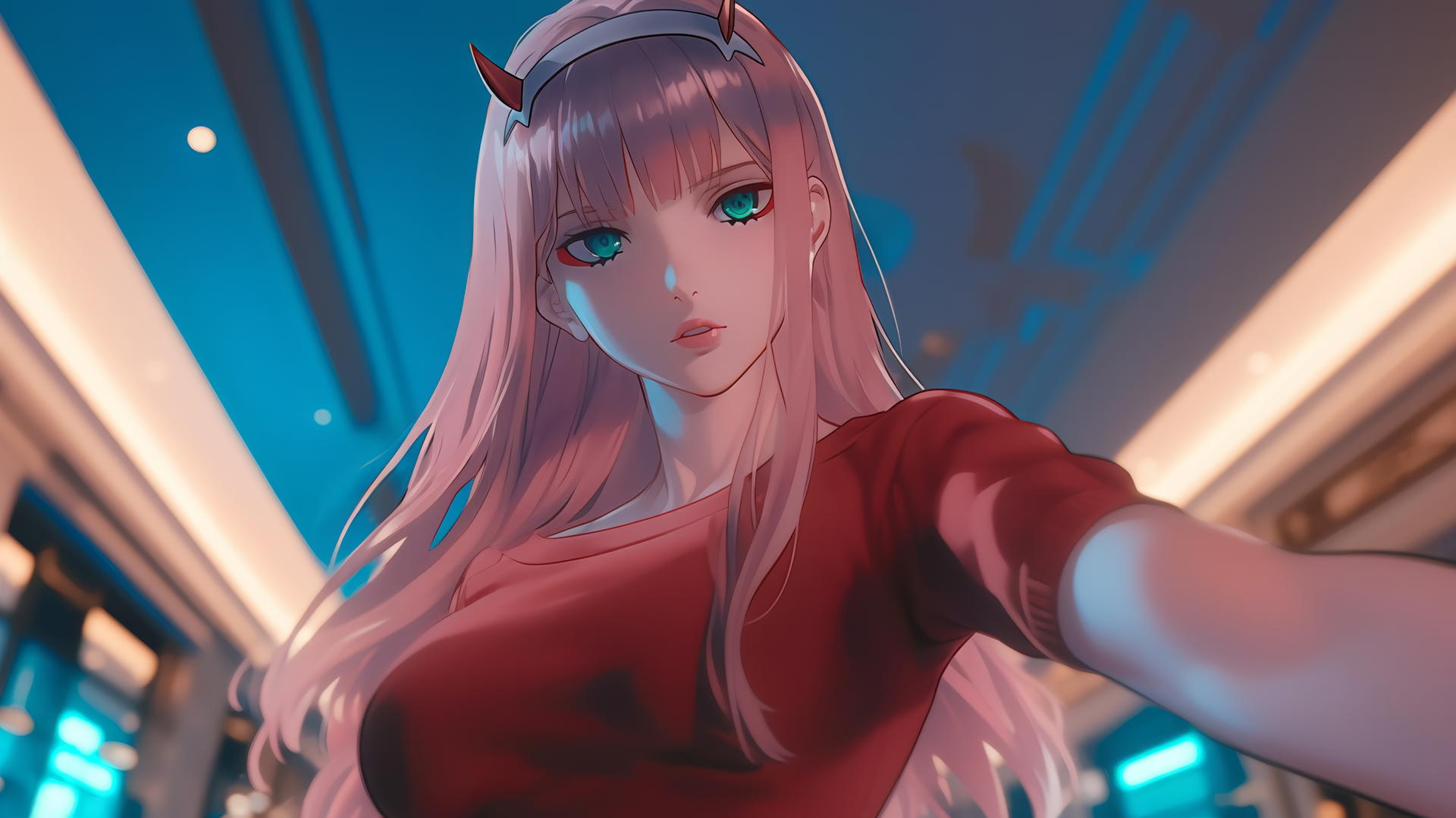 Zero Two from DARLING in the FRANXX kneeling and looking down with pink hair, neon-lit hotel ceiling background