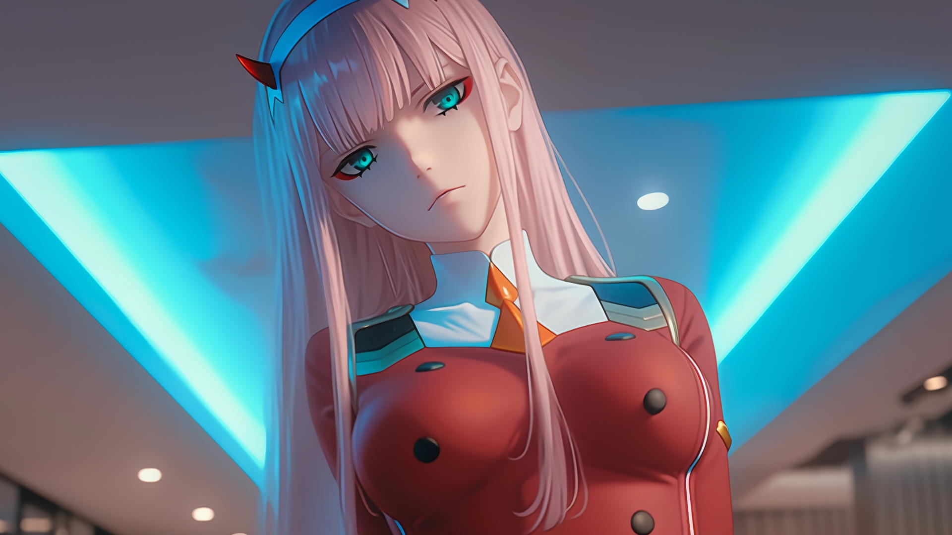 Zero Two from DARLING in the FRANXX with long pink hair under a warm, neon-lit hotel ceiling, kneeling and looking down.