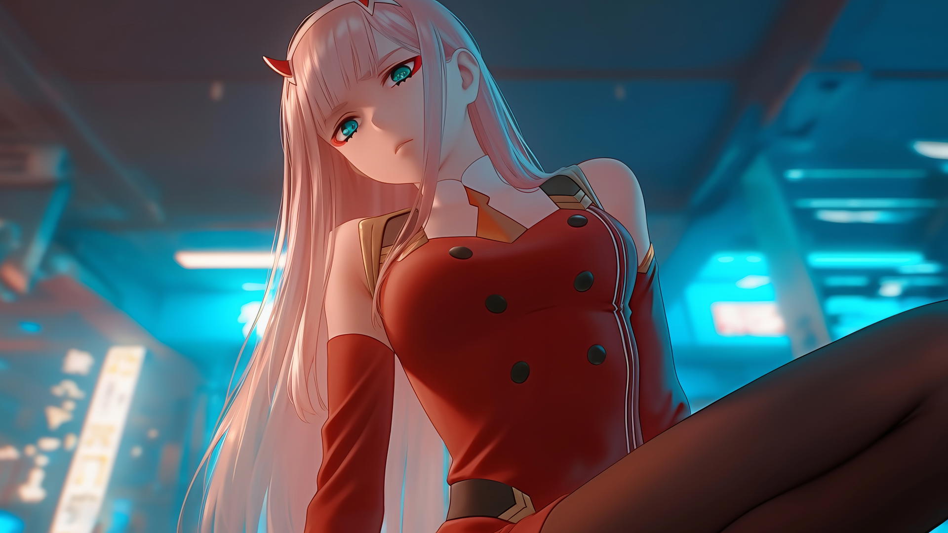 Zero Two from DARLING in the FRANXX leaning forward, seen from below, with pink hair, soft glow from ceiling lights.