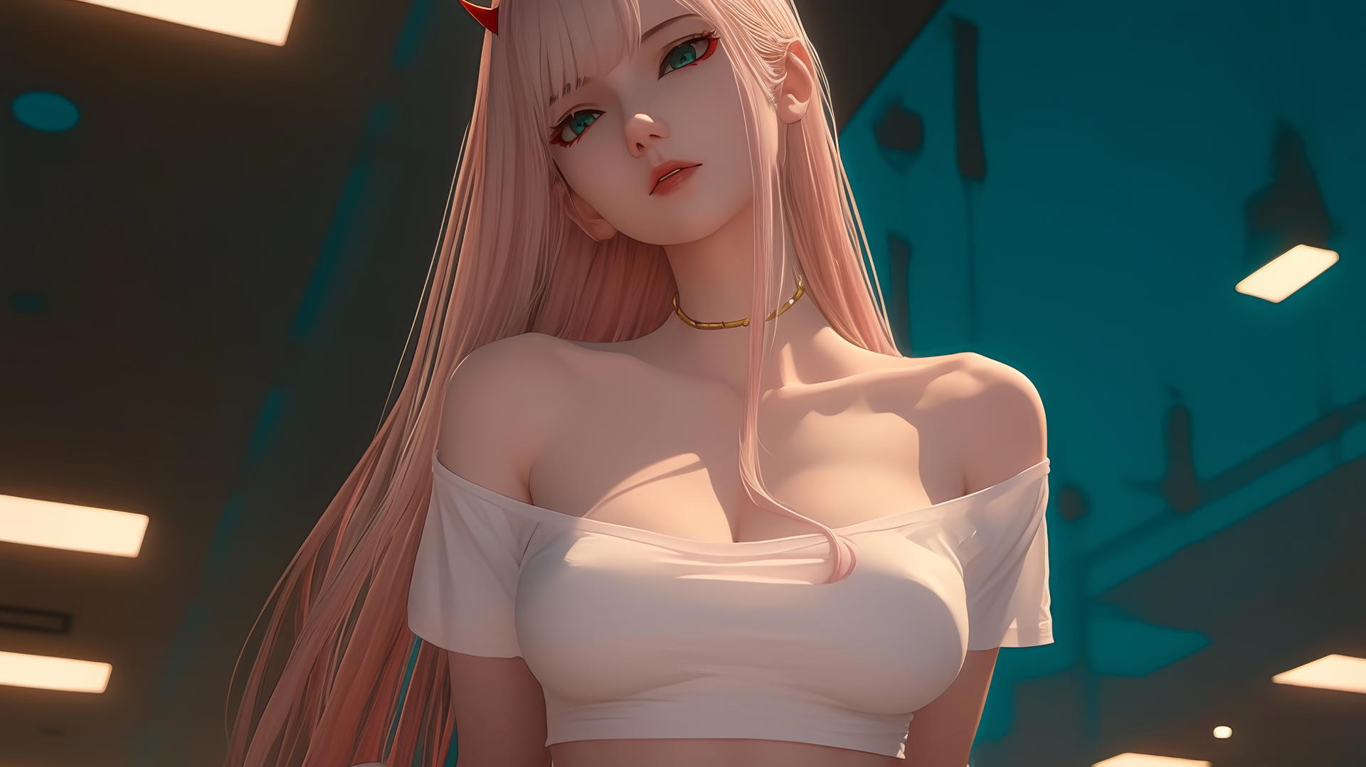 Zero Two from Darling in the Franxx with long pink hair, kneeling, seen from below with a hotel ceiling background.