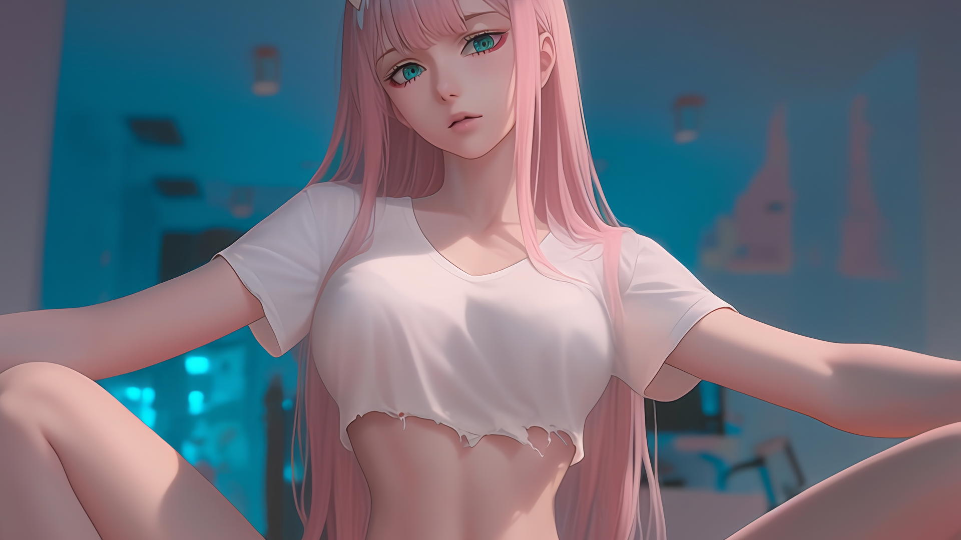 Zero Two from DARLING in the FRANXX kneeling, leaning forward with pink hair in a hotel room, lit by warm and neon light.