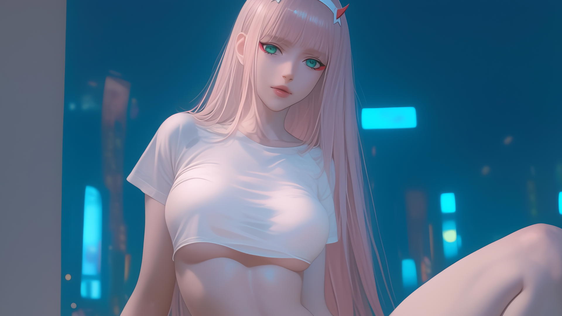 Zero Two from DARLING in the FRANXX, leaning and kneeling in a white t-shirt, warm and neon lights enhancing pink hair and gaze, hotel ceiling in background.