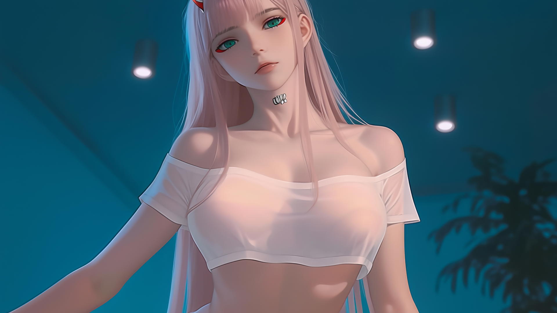 Zero Two from DARLING in the FRANXX with pink hair leans forward under warm and neon lights.