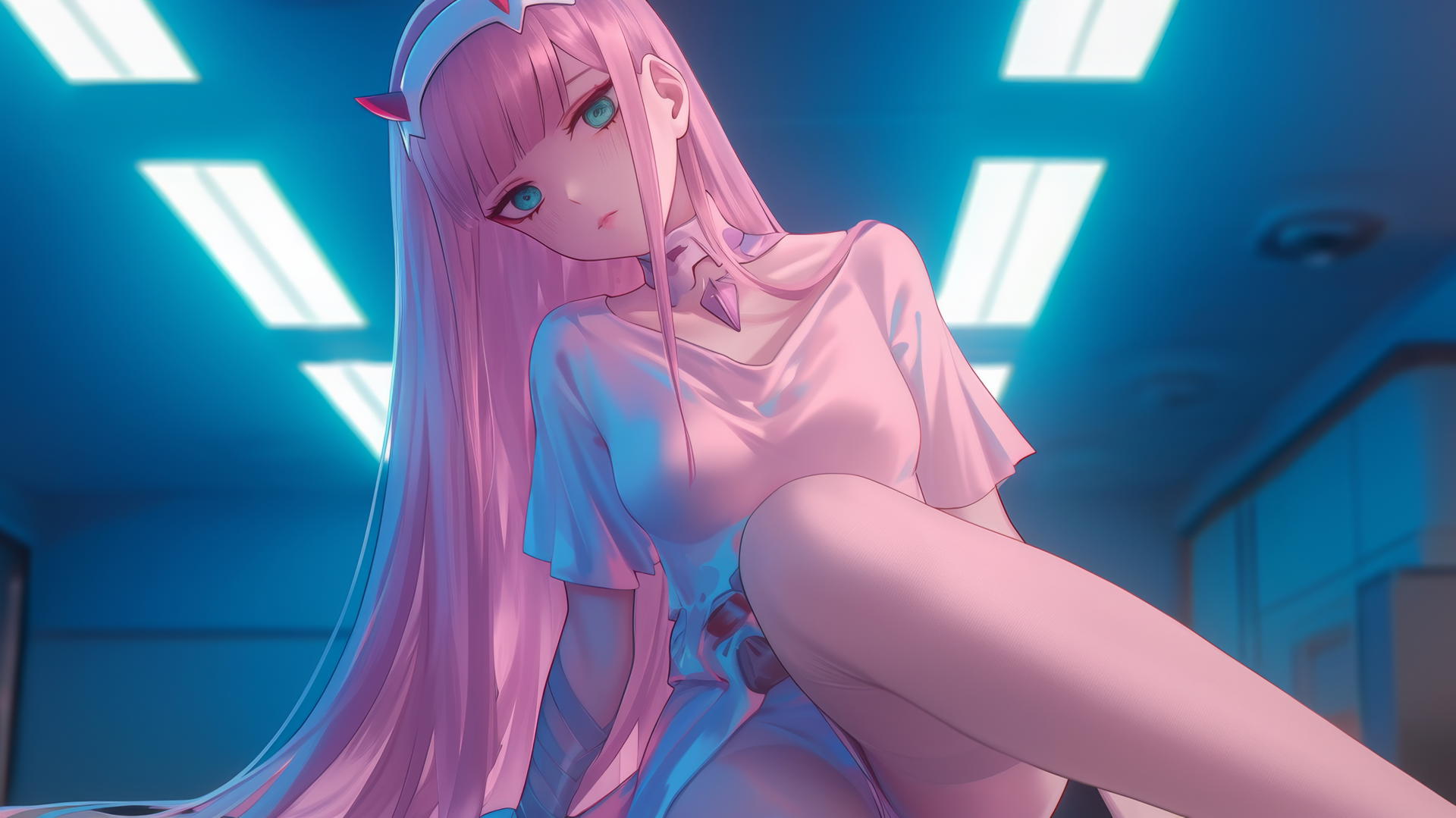 Zero Two from DARLING in the FRANXX leaning forward with neon-lit ceiling background