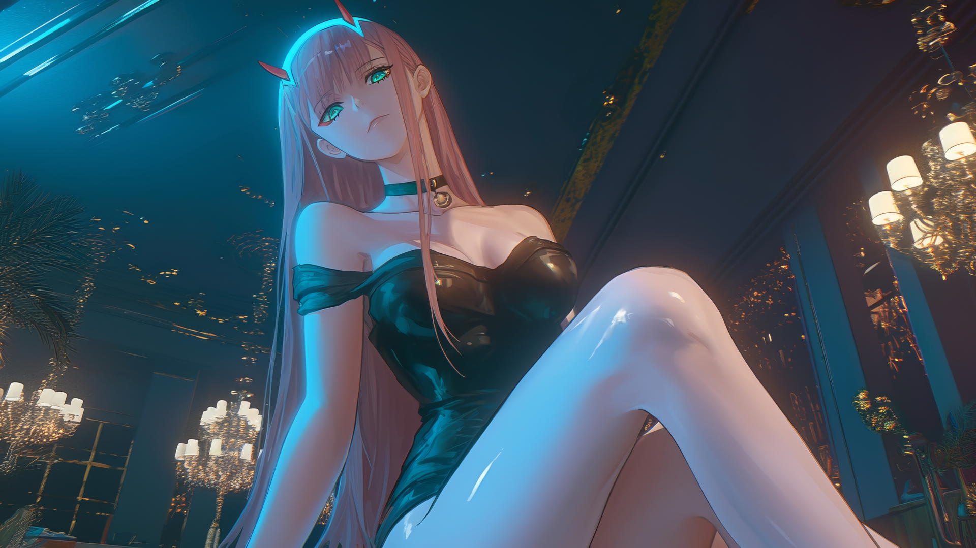 Zero Two from DARLING in the FRANXX, seen from below, in warm and neon light, looking down.