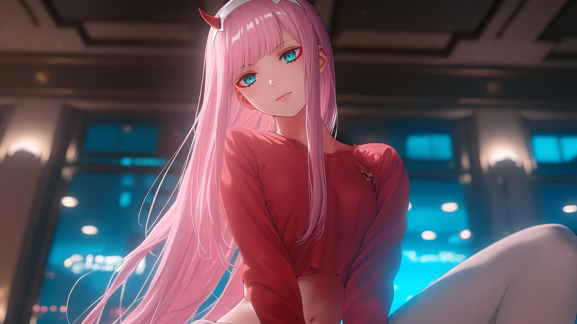 Zero Two from DARLING in the FRANXX kneeling, looking down with neon-lit hotel ceiling background.