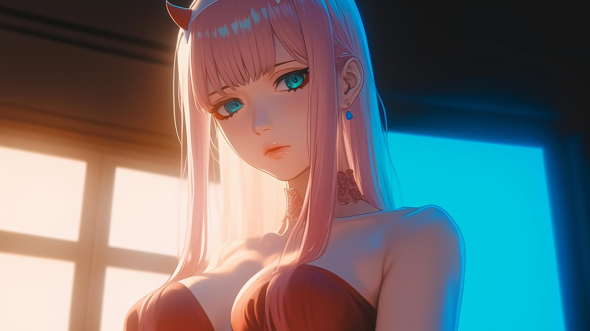 Zero Two kneeling with glowing ceiling lights behind her